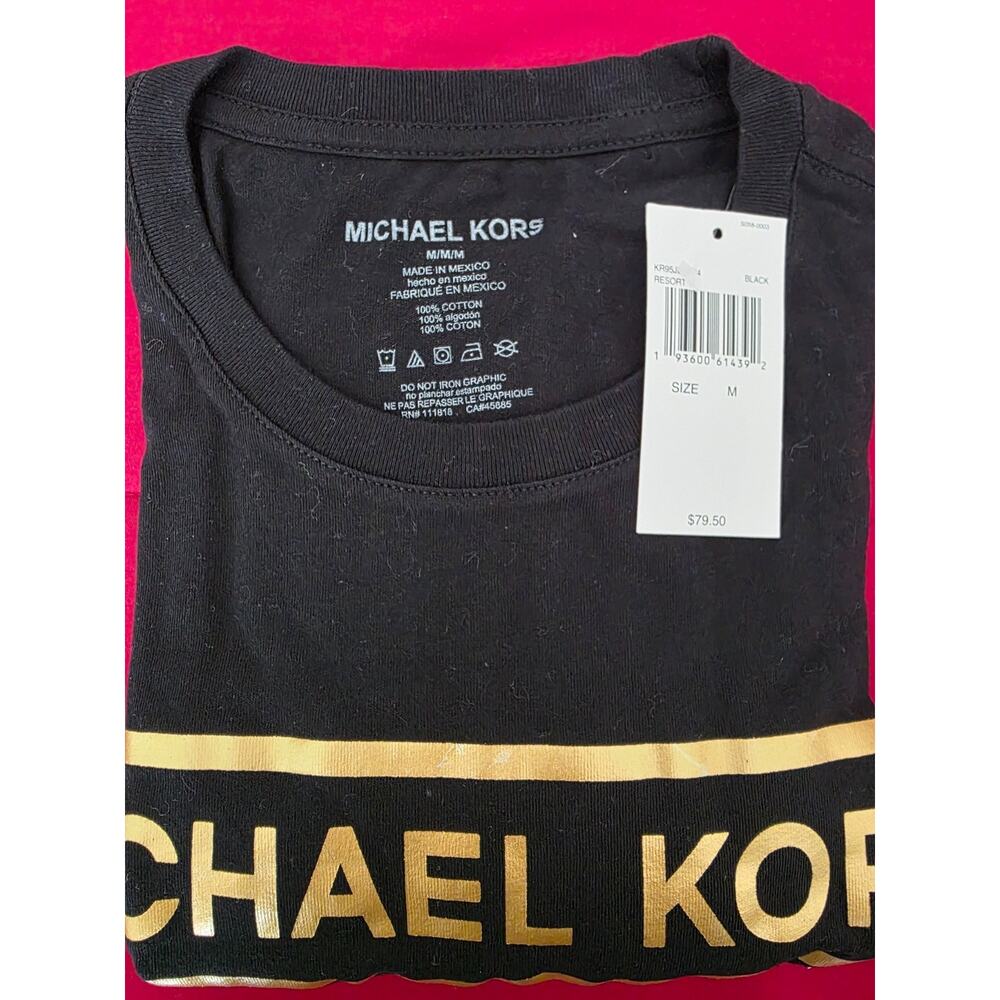 Michael Kors, Camiseta Negra Manga Larga Logo Dorado Hombre Mujer Unisex Talla M - Picture 2 of 2